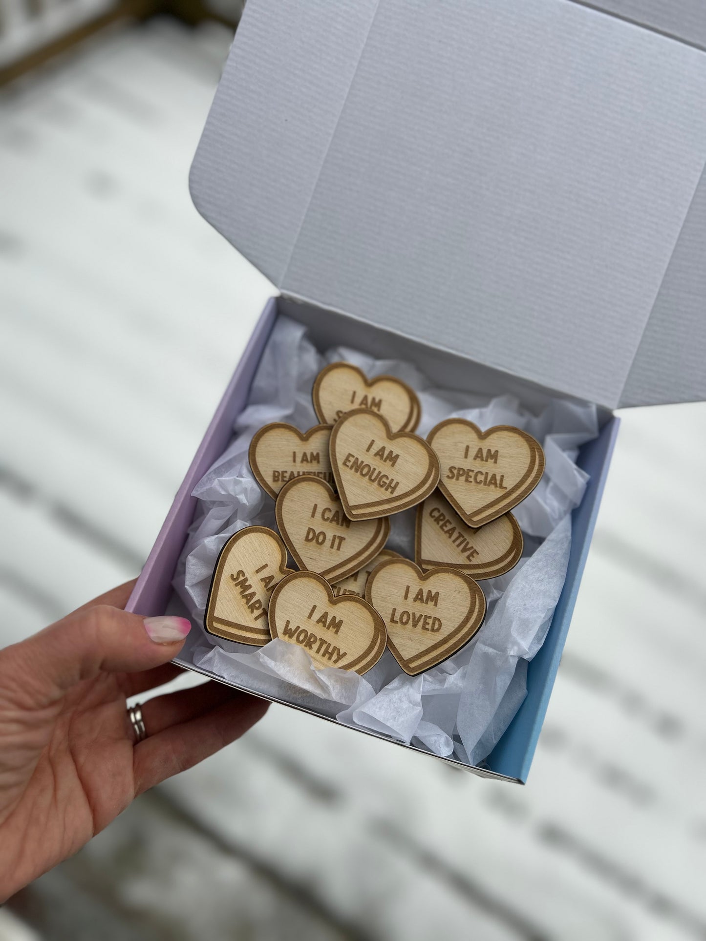 10 Wood Heart Affirmations set