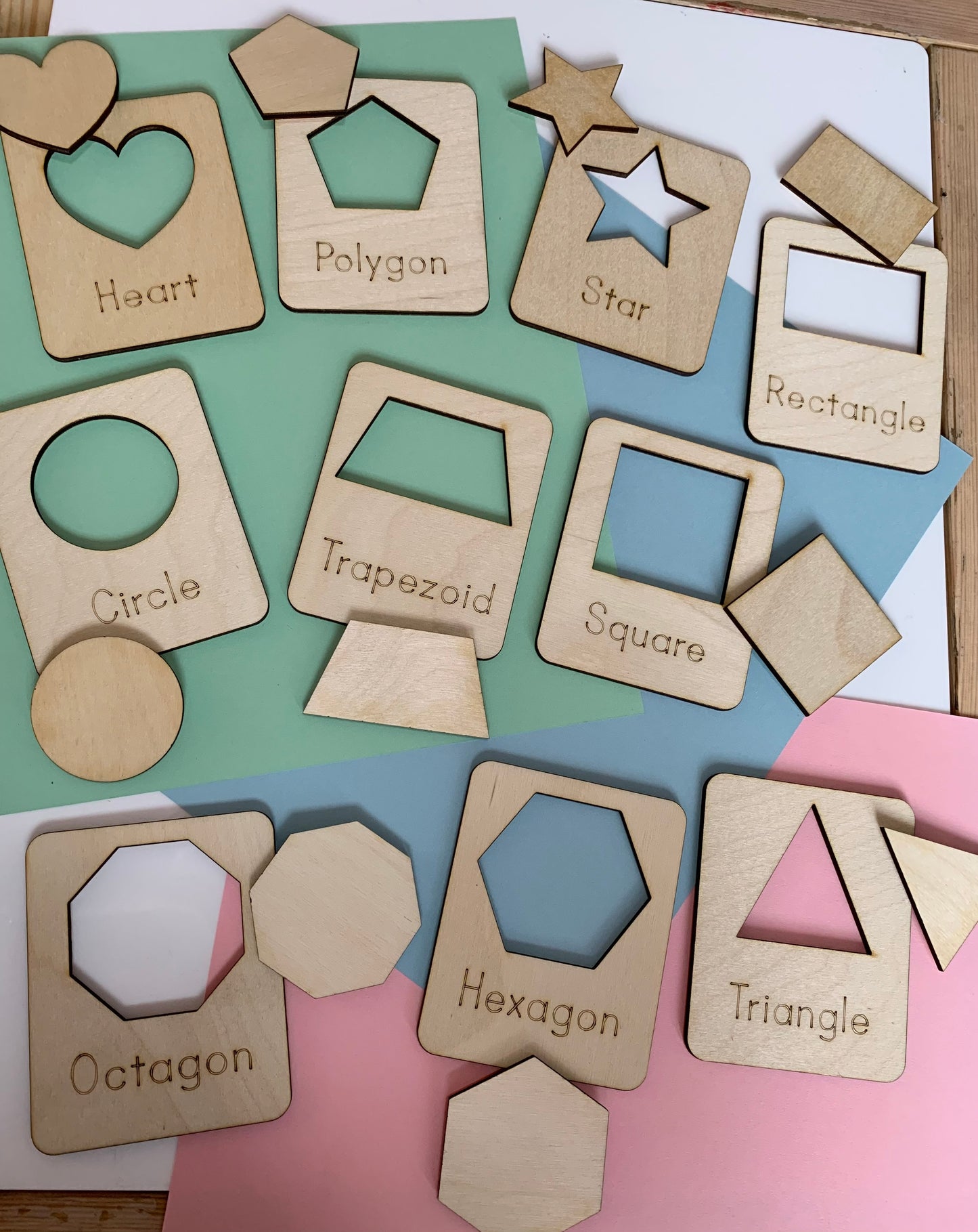 Wood Shapes Learning Cards with matching cutouts