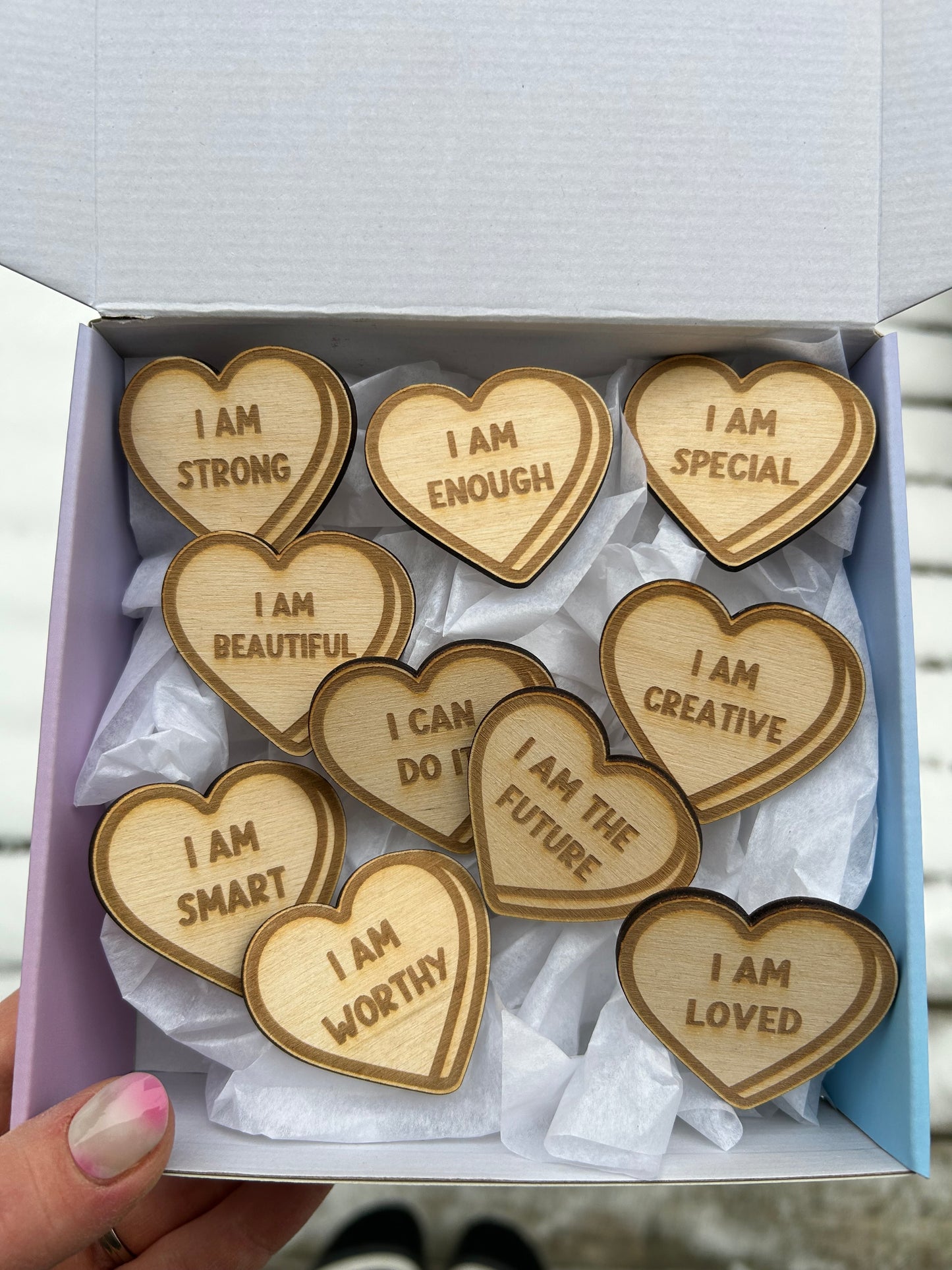 10 Wood Heart Affirmations set