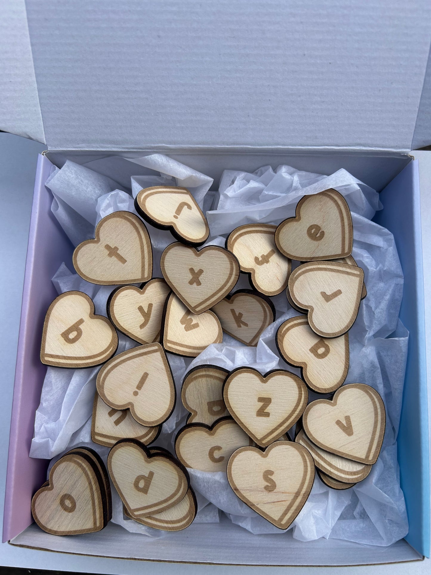Wood Candy Heart Alphabet loose parts