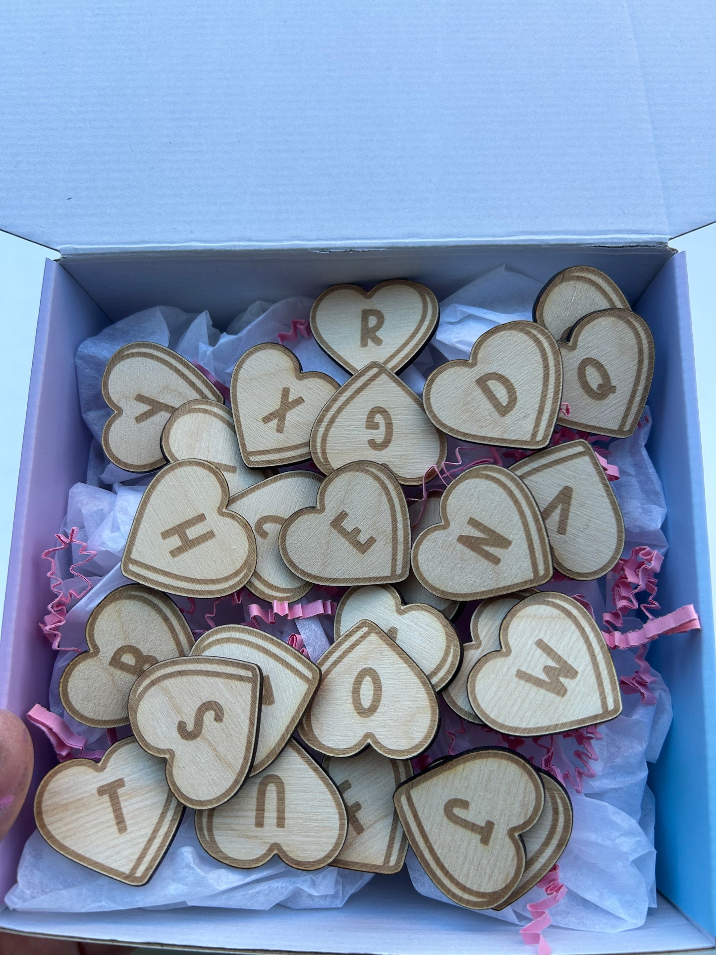 Wood Candy Heart Alphabet loose parts