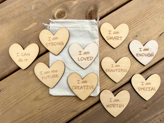 10 Wood Heart Affirmations set