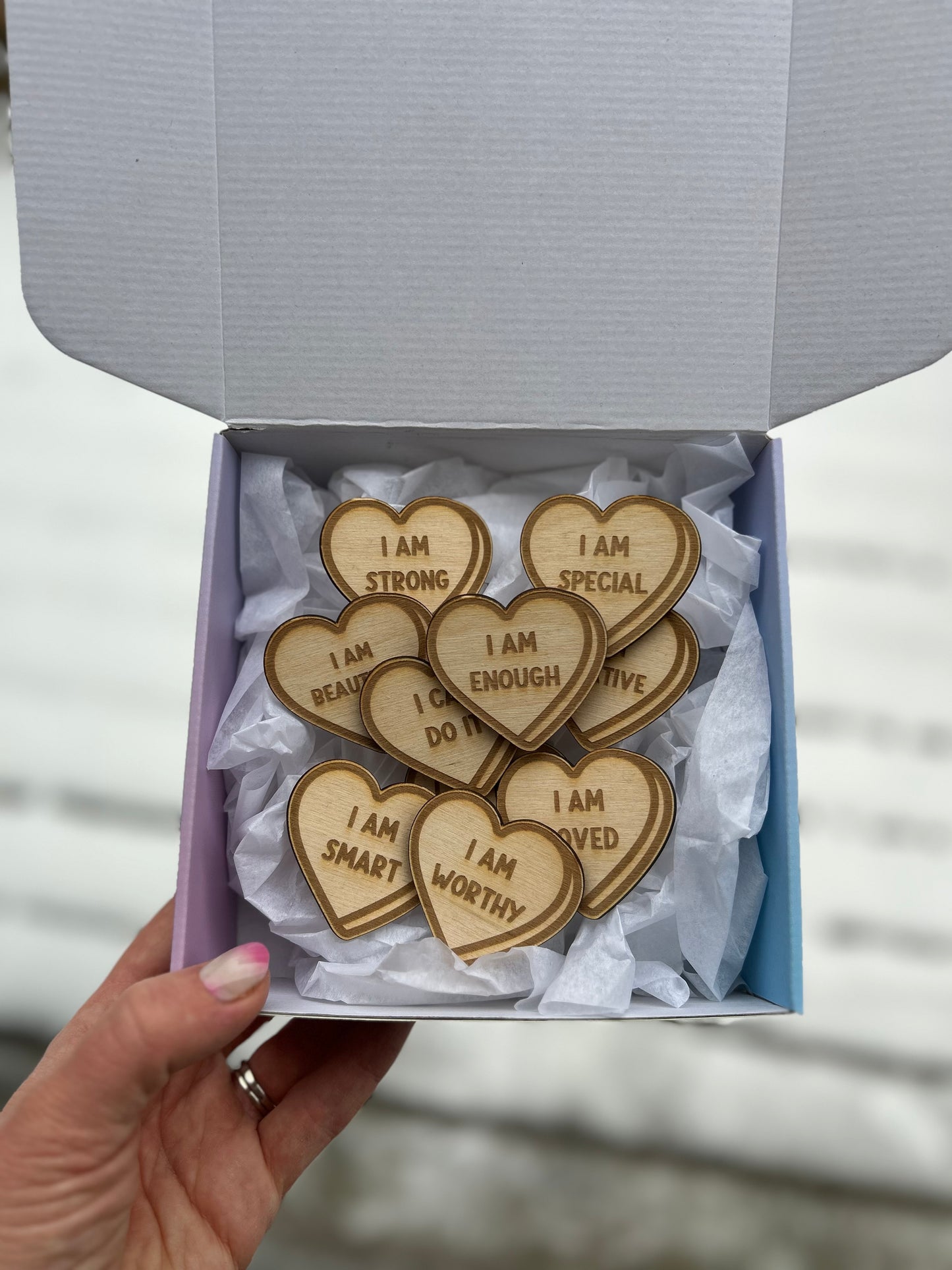 10 Wood Heart Affirmations set