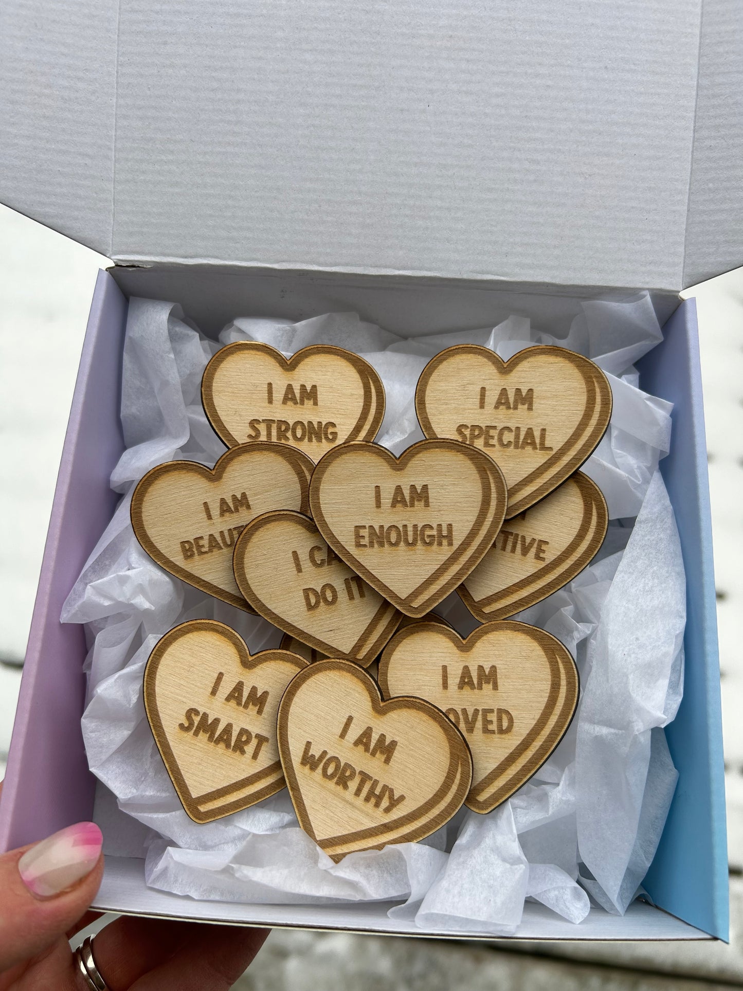 10 Wood Heart Affirmations set