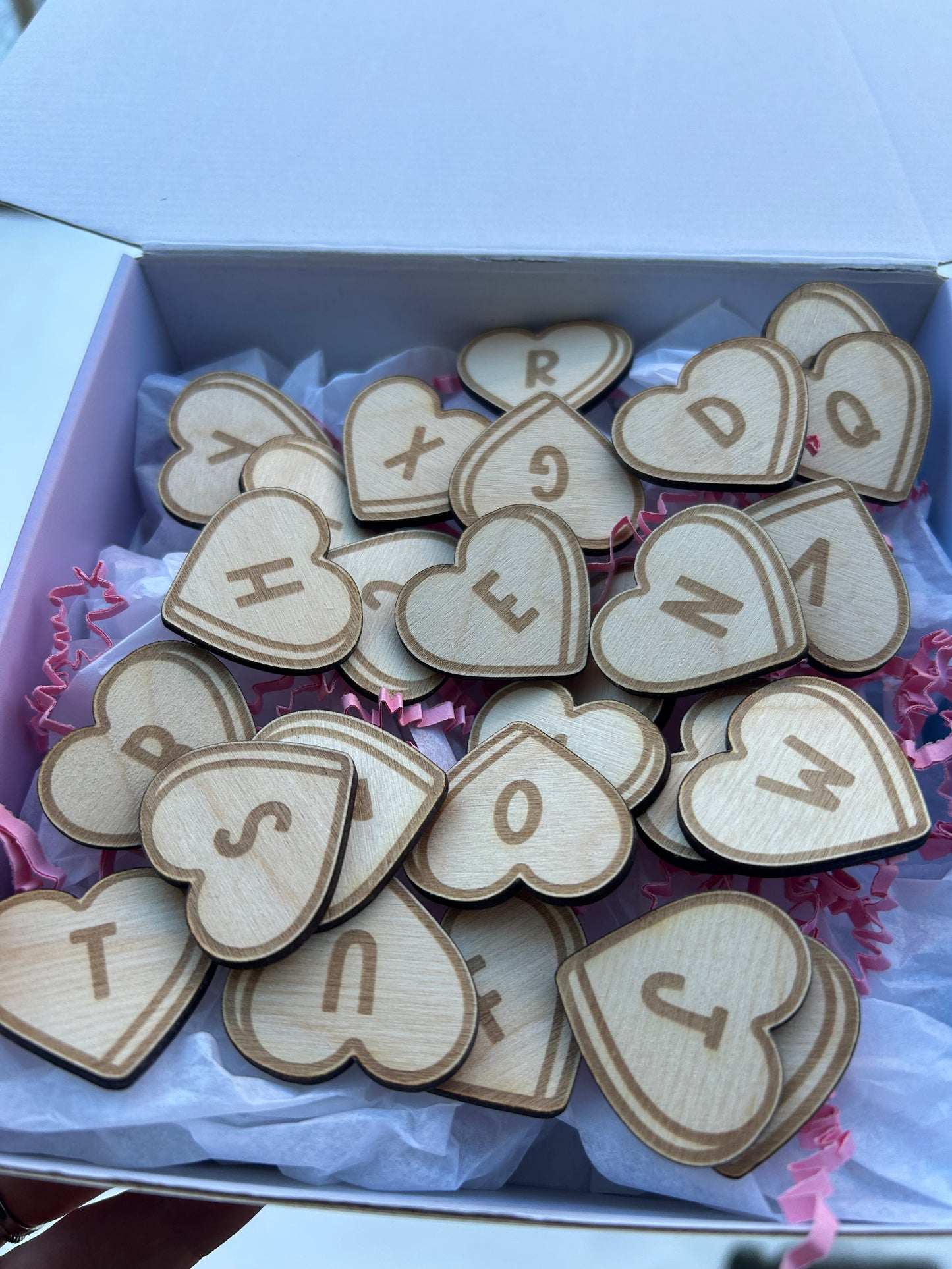 Wood Candy Heart Alphabet loose parts