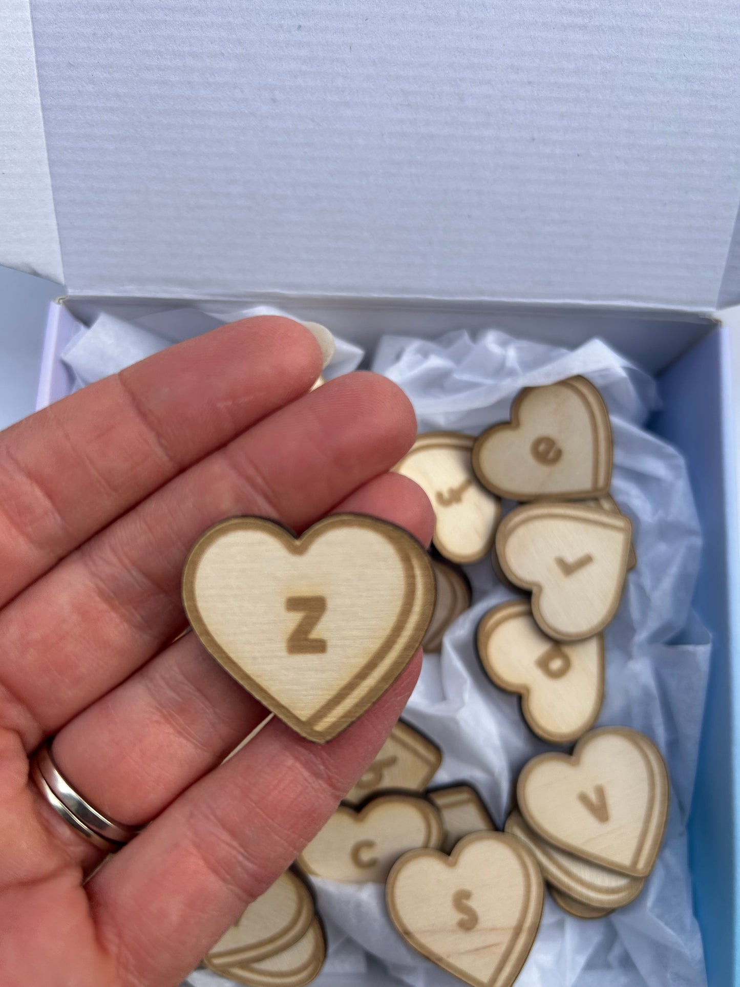 Wood Candy Heart Alphabet loose parts