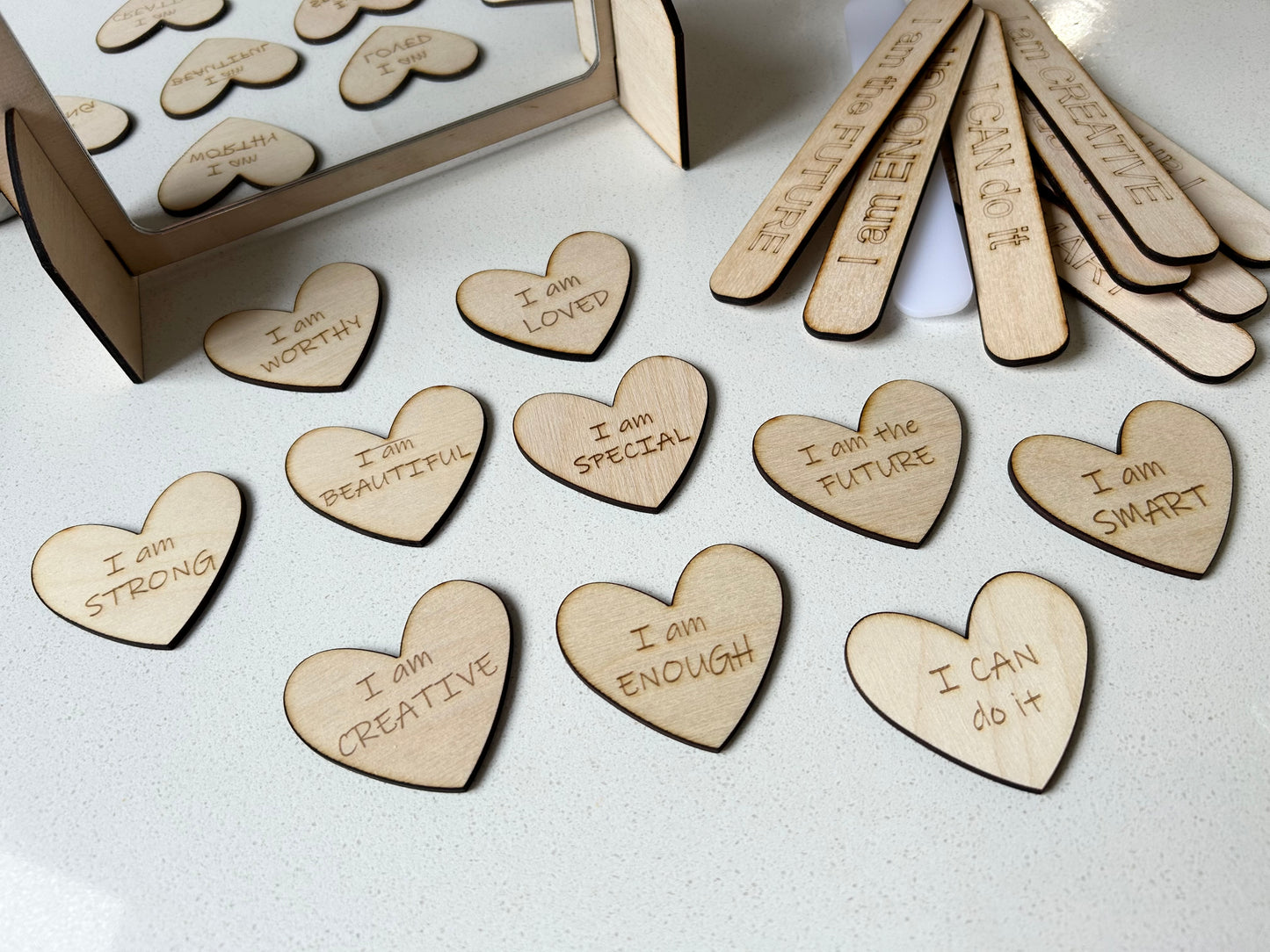 10 Wood Heart Affirmations set