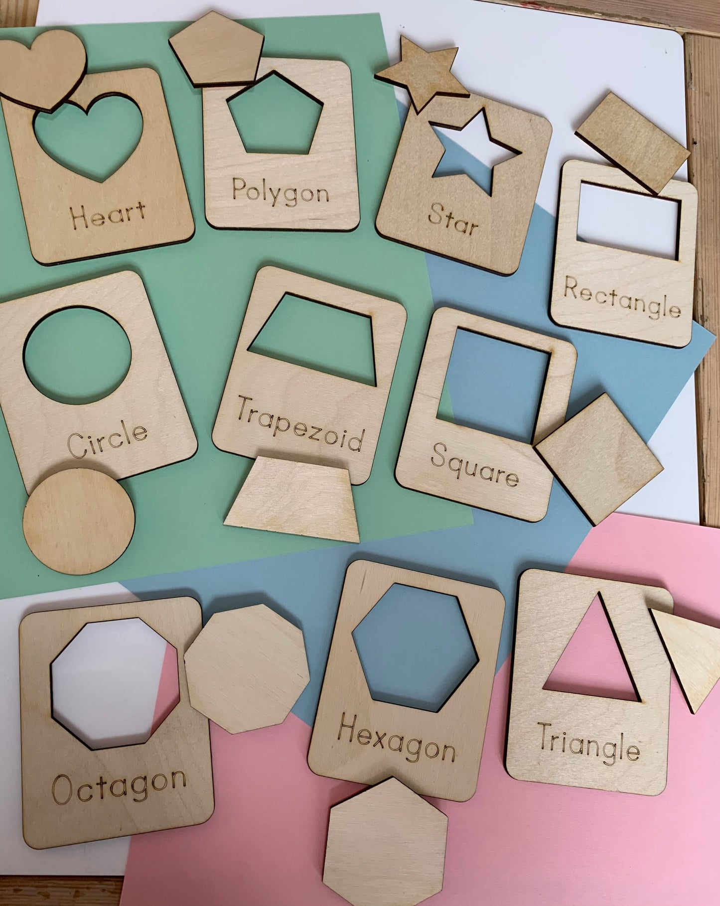 Wood Shapes Learning Cards with matching cutouts