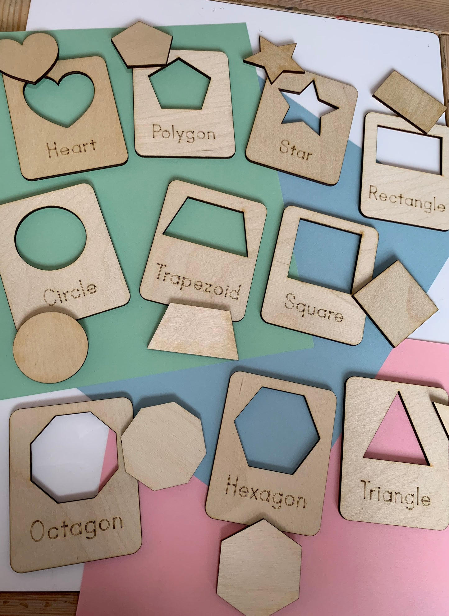 Wood Shapes Learning Cards with matching cutouts